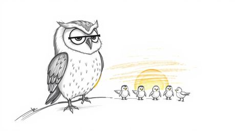 A heartwarming hand-drawn sketch in the style of Pixar depicts a blind owl with soft, downy feathers and gentle eyes.  This w