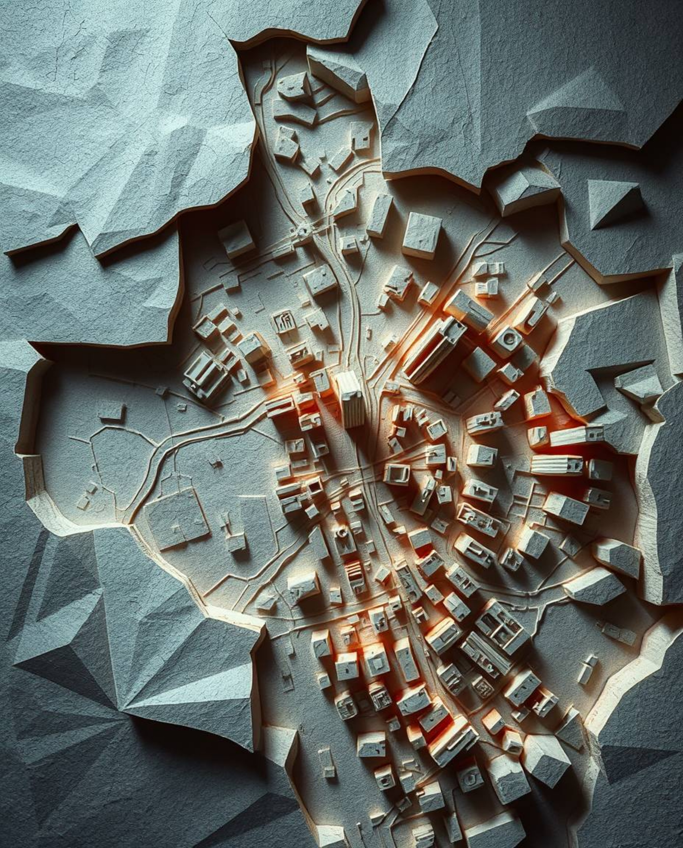 This captivating artwork presents an abstract city map composed of striking geometric shapes, viewed from a dramatic top-down
