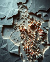 This captivating artwork presents an abstract city map composed of striking geometric shapes, viewed from a dramatic top-down