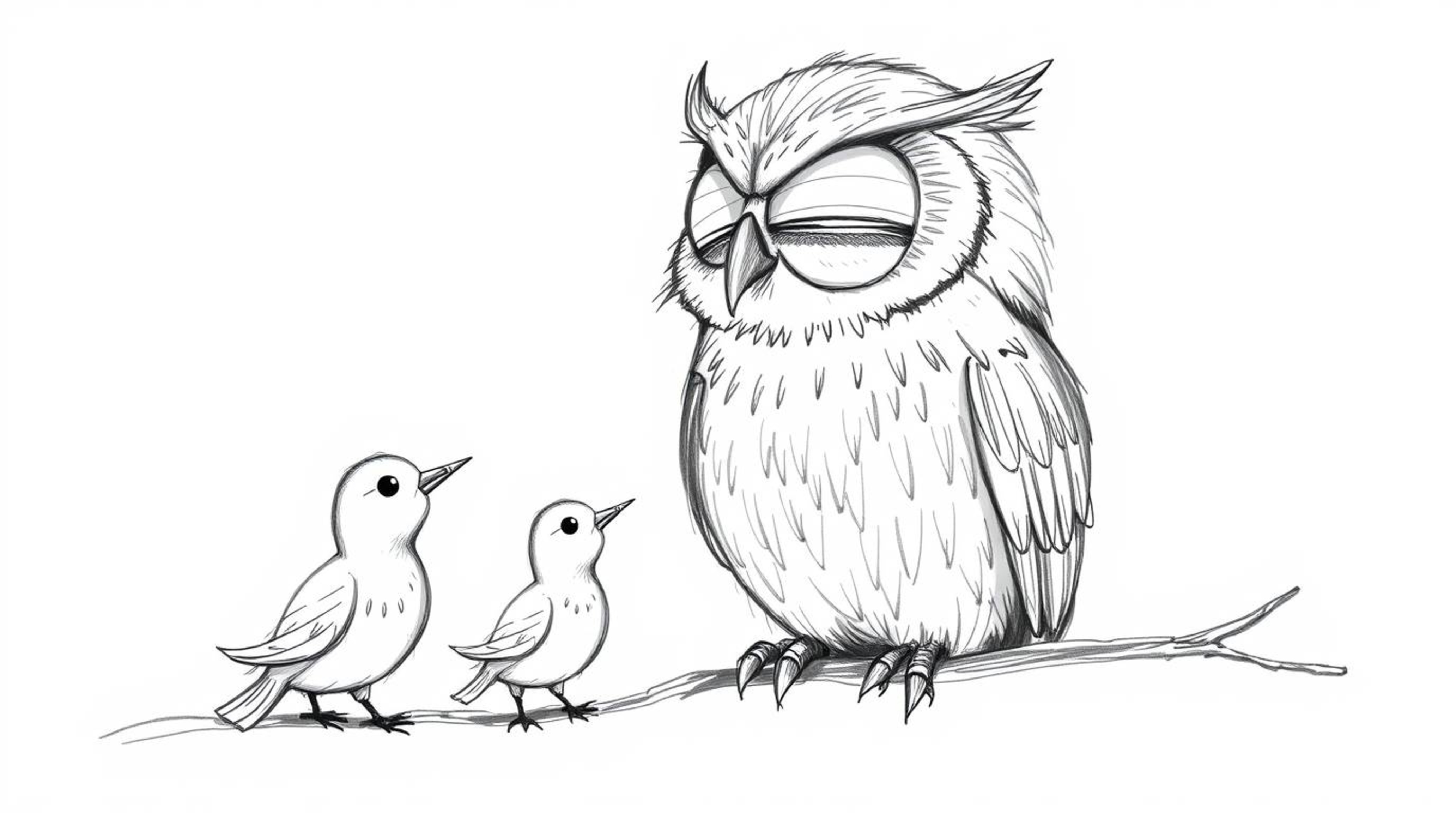 A whimsical, Pixar-inspired hand-drawn sketch depicts a blind owl with textured pencil-stroke feathers, intently listening to