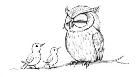 A whimsical, Pixar-inspired hand-drawn sketch depicts a blind owl with textured pencil-stroke feathers, intently listening to