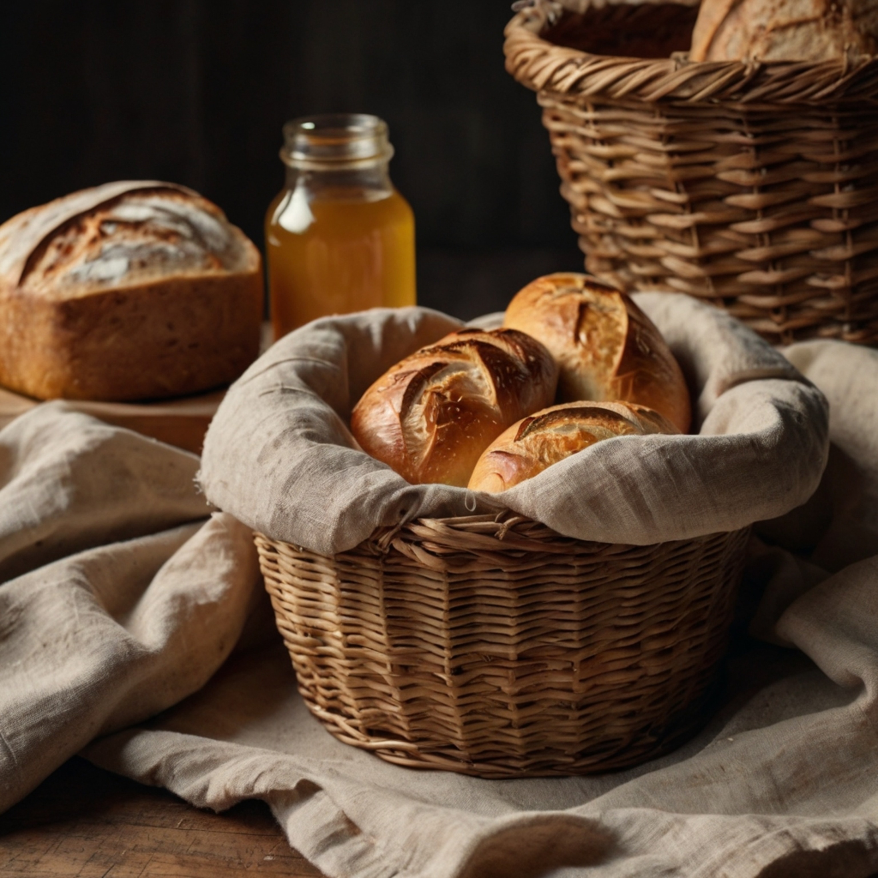 A charming still life featuring a woven basket overflowing with freshly baked bread. A single loaf is delicately wrapped in a