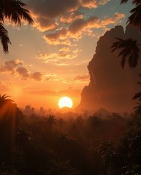 A high-resolution photograph of an epic, futuristic scene featuring a sunset seen through a dense jungle canopy. Characterize