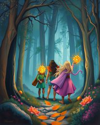 A captivating digital painting depicts a group of friends, each possessing unique powers, embarking on an adventure through a