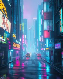 Explore a mesmerizing futuristic city in glitch mode.  Experience iridescent colors, gentle soft light, flickering lights, an