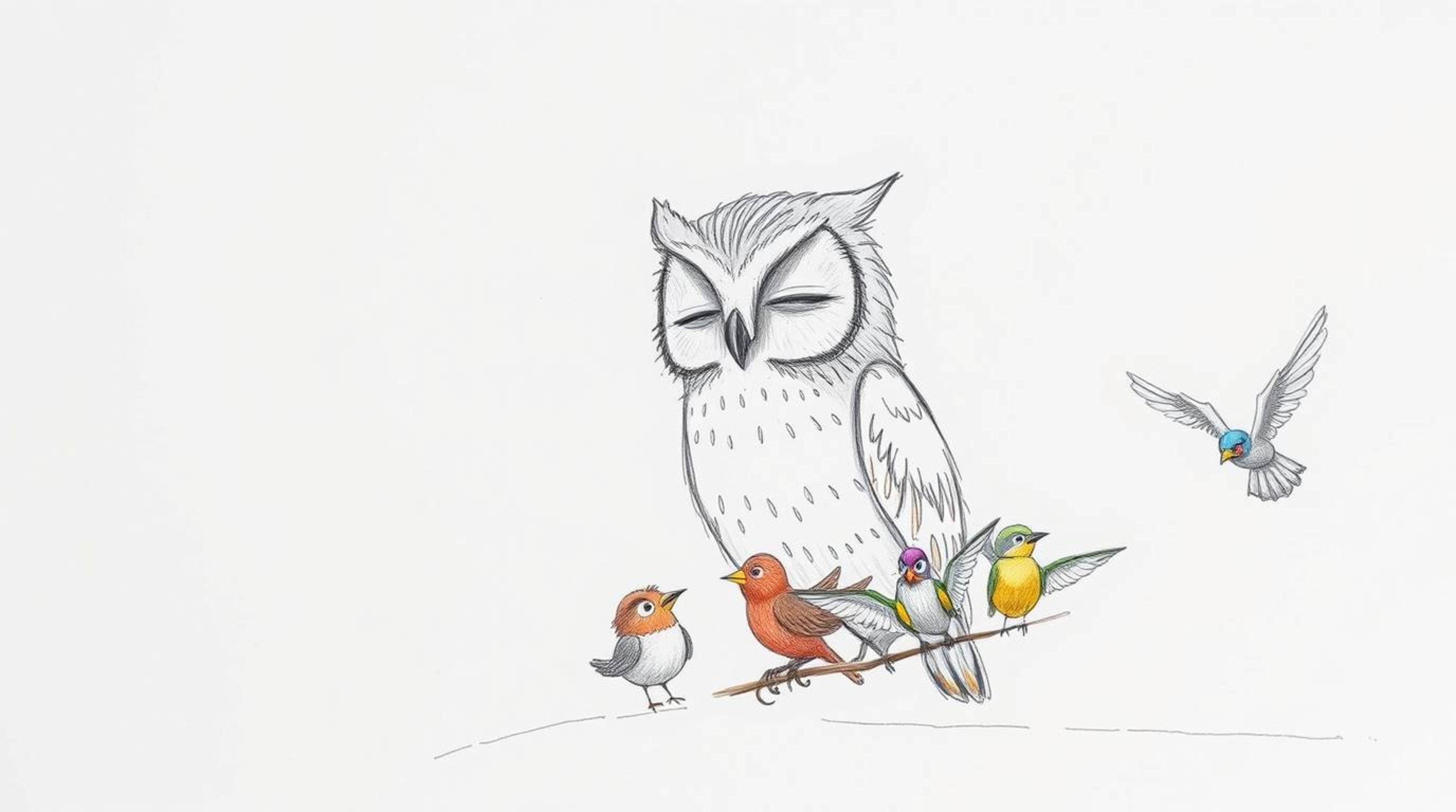 A heartwarming hand-drawn sketch in the style of Pixar depicts a wise, blind owl gently teaching a diverse class of colorful 
