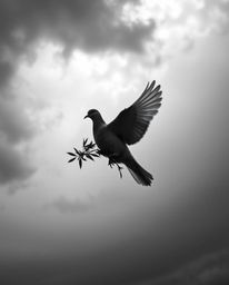 A timeless and elegant high-contrast black and white photograph depicts a dove carrying an olive branch amidst stormy skies. 