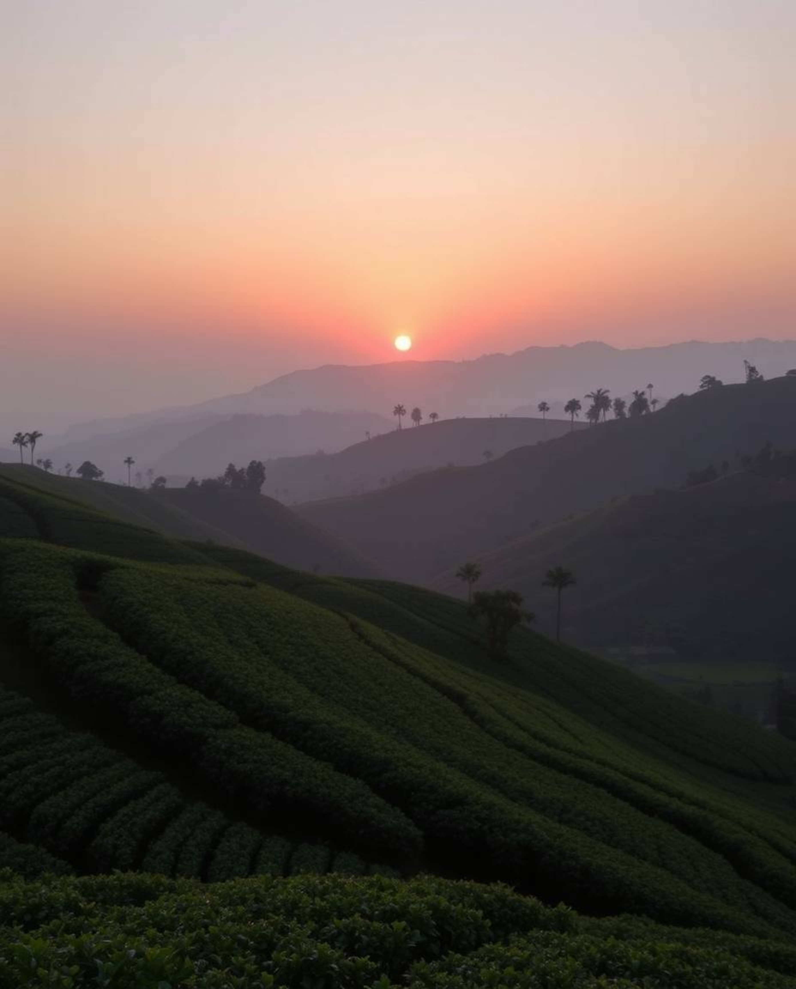 A seamless gradient sunset over terraced tea plantations, illuminated by soft light with smooth color transitions. The compos