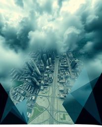 Experience a dramatic, abstract city map rendered in geometric shapes.  This high-angle perspective offers a unique top-down 