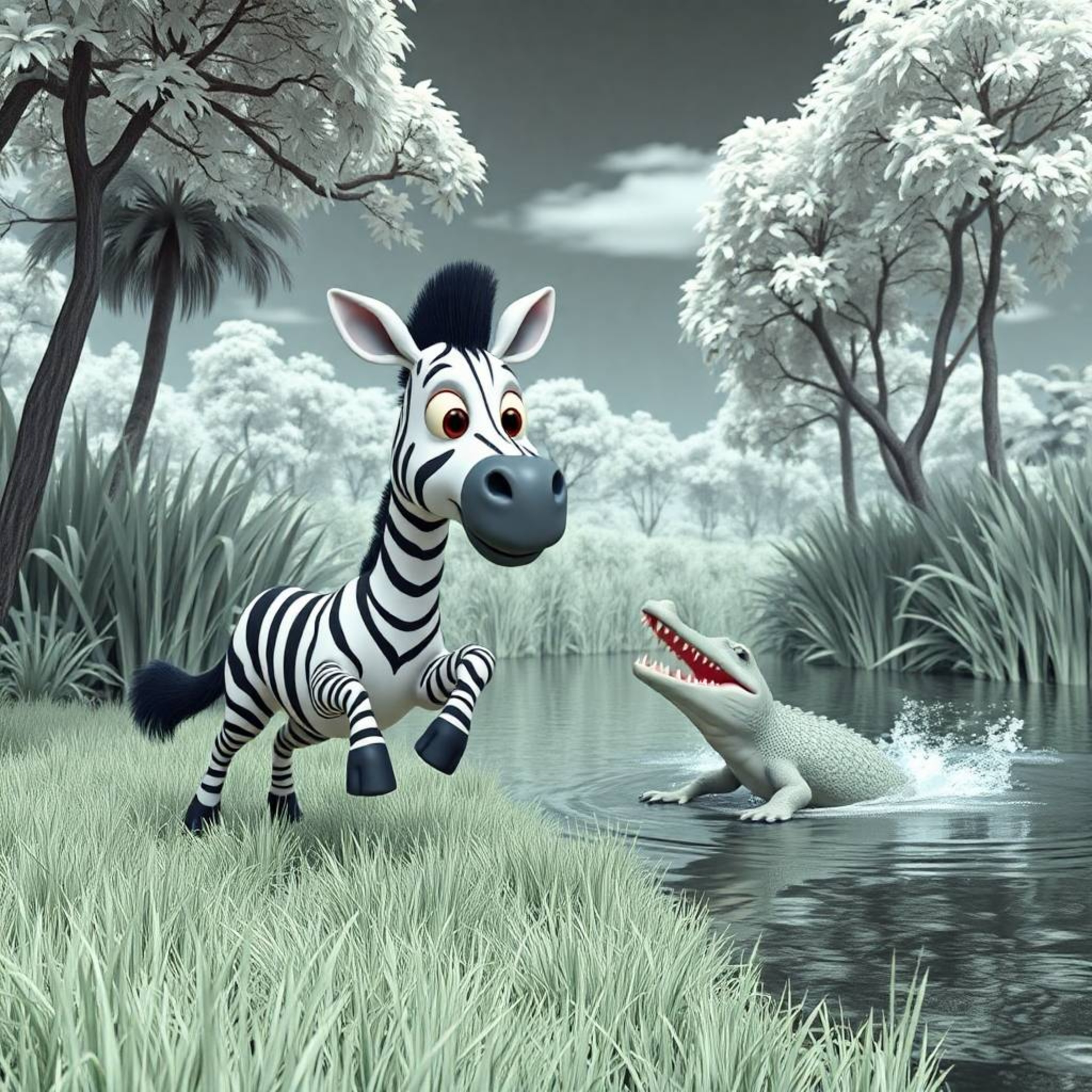 A surreal scene unfolds in infrared tones, depicting a 3D cartoon zebra and crocodile in a near escape. A charming zebra with