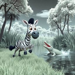 A surreal scene unfolds in infrared tones, depicting a 3D cartoon zebra and crocodile in a near escape. A charming zebra with