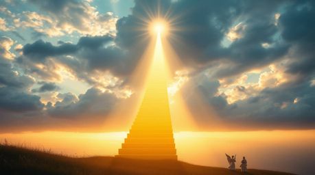 Experience a dreamlike and peaceful scene bathed in a warm golden glow. Steps of light ascend into a cloudy sky, while angeli