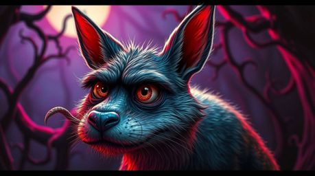 This artwork features a sarcastic animal sidekick with expressive eyes, set against a vibrant yet eerie backdrop.  The piece 