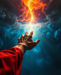 A captivating image depicting a massive hand emerging from darkness, reaching towards a radiant light source.  The scene is v
