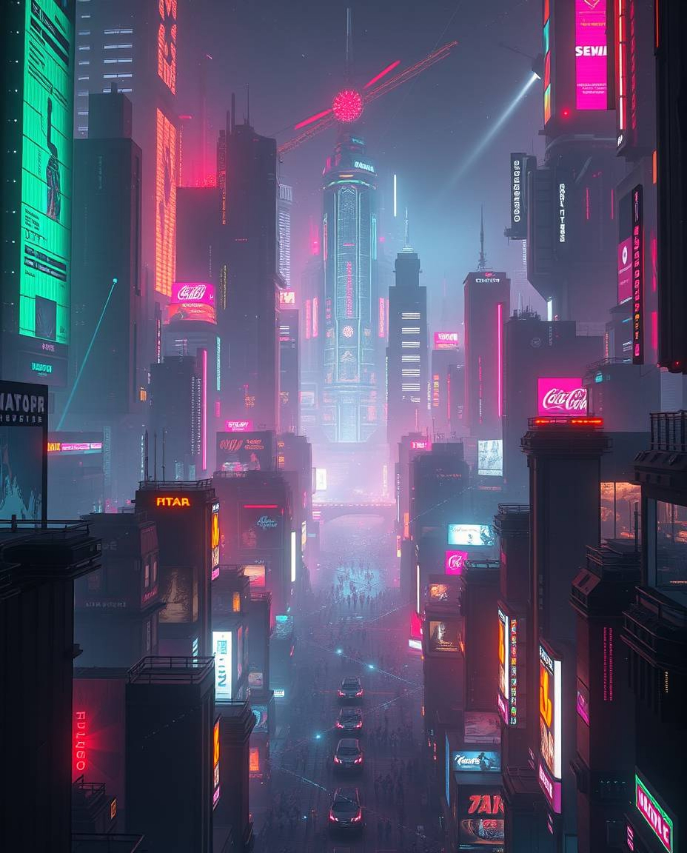 Experience a grand and epic scene of a futuristic city consumed by a glitch. Flickering lights and broken holograms paint a p
