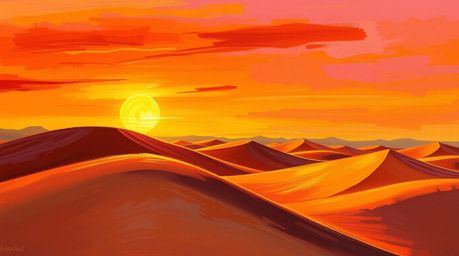 A bold acrylic painting capturing the breathtaking beauty of a sunset at the edge of a desert with golden dunes. The artwork 