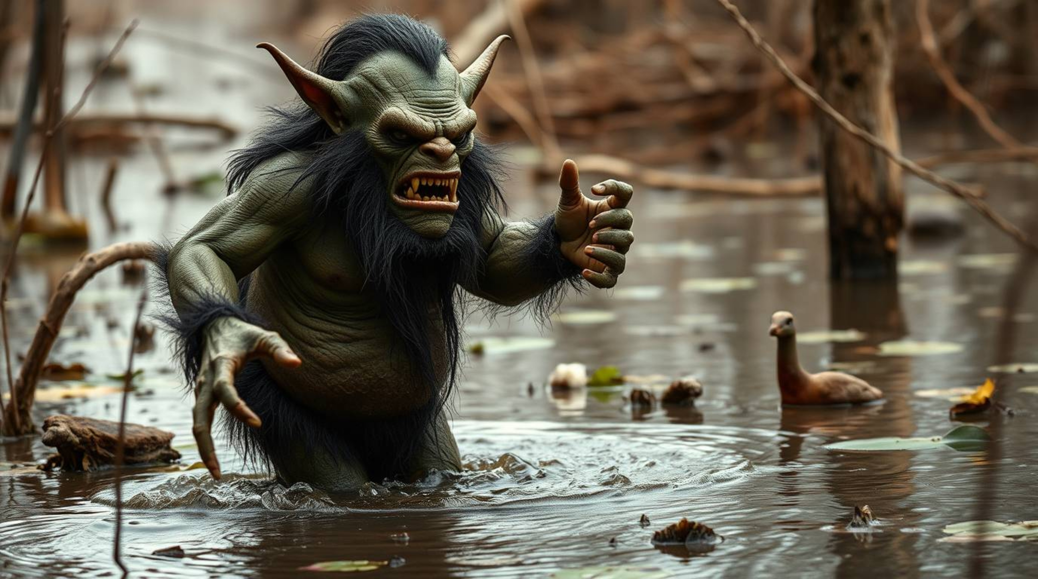 A captivating fine art photograph depicts an ogre joyfully dancing in a swamp.  The image, shot in warm, subtly dark, and sof