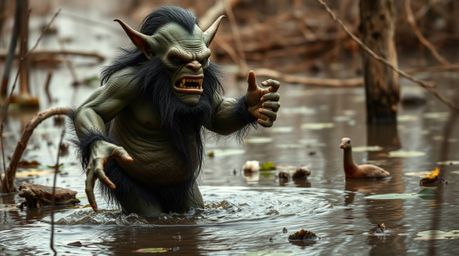 A captivating fine art photograph depicts an ogre joyfully dancing in a swamp.  The image, shot in warm, subtly dark, and sof