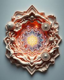 This sculptural clay artwork depicts a graceful and elegant futuristic digital interface. The piece features a holographic ef