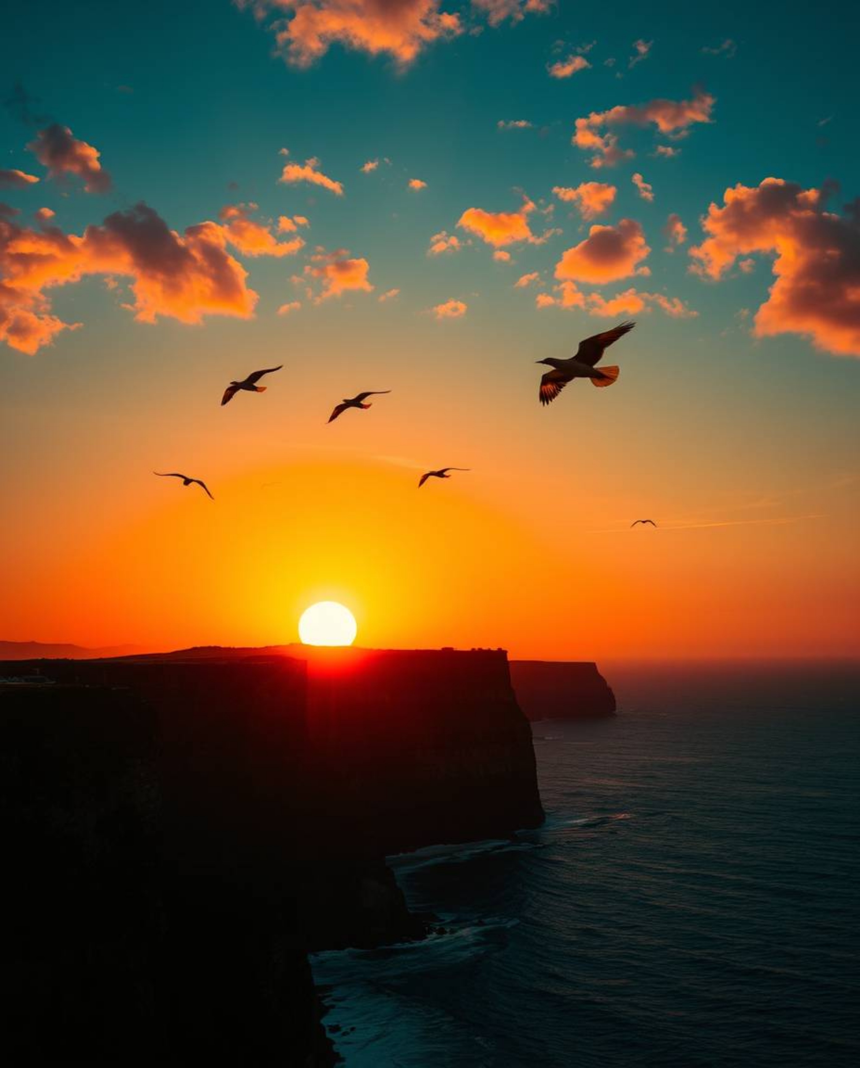 This image captures a vibrant sunset over a coastal cliff, where soaring birds add a dynamic element to the scene. The compos