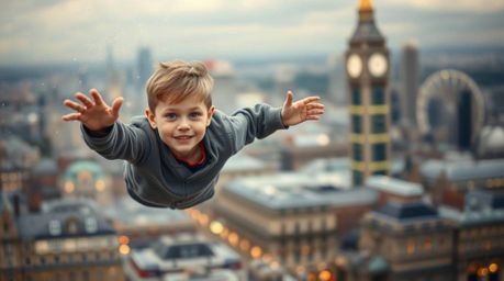 A stunning high-resolution stock photo captures a young boy in sharp focus, seemingly flying above a blurred London cityscape