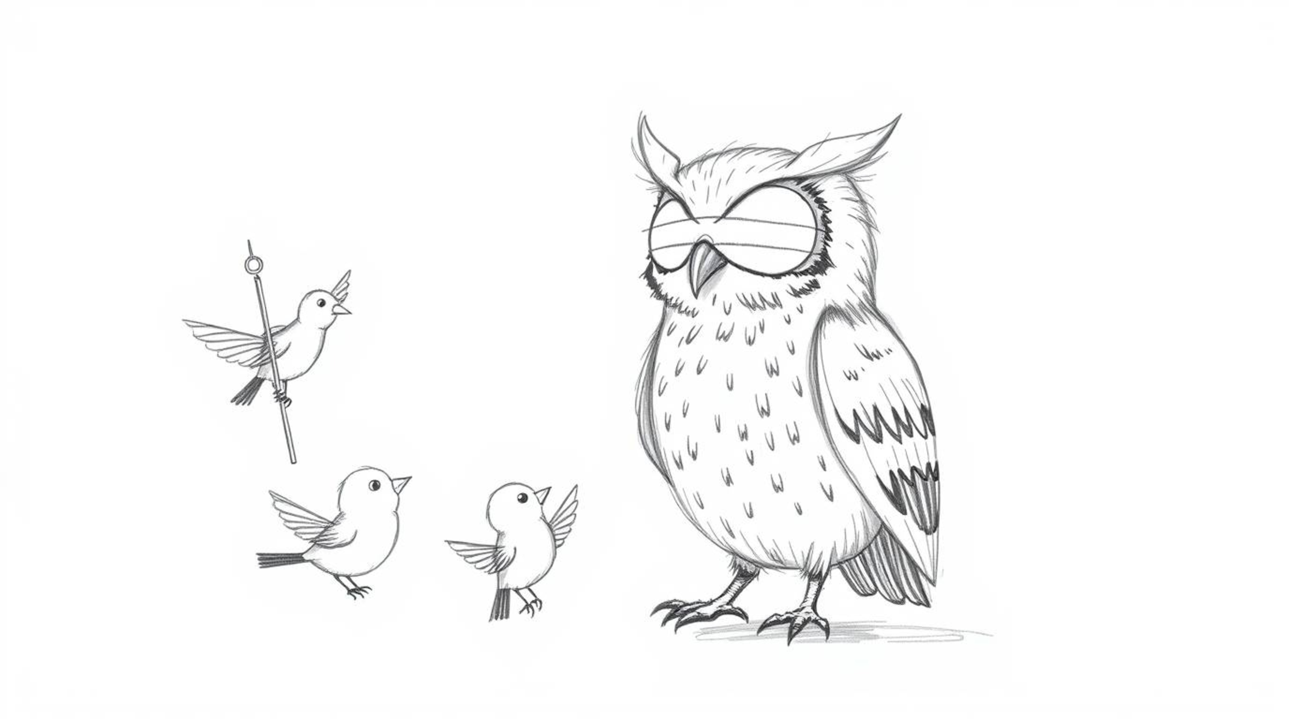 A heartwarming hand-drawn sketch in the style of Pixar portrays a blind owl with incredibly soft, feathery texture gently tea