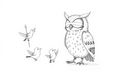 A heartwarming hand-drawn sketch in the style of Pixar portrays a blind owl with incredibly soft, feathery texture gently tea