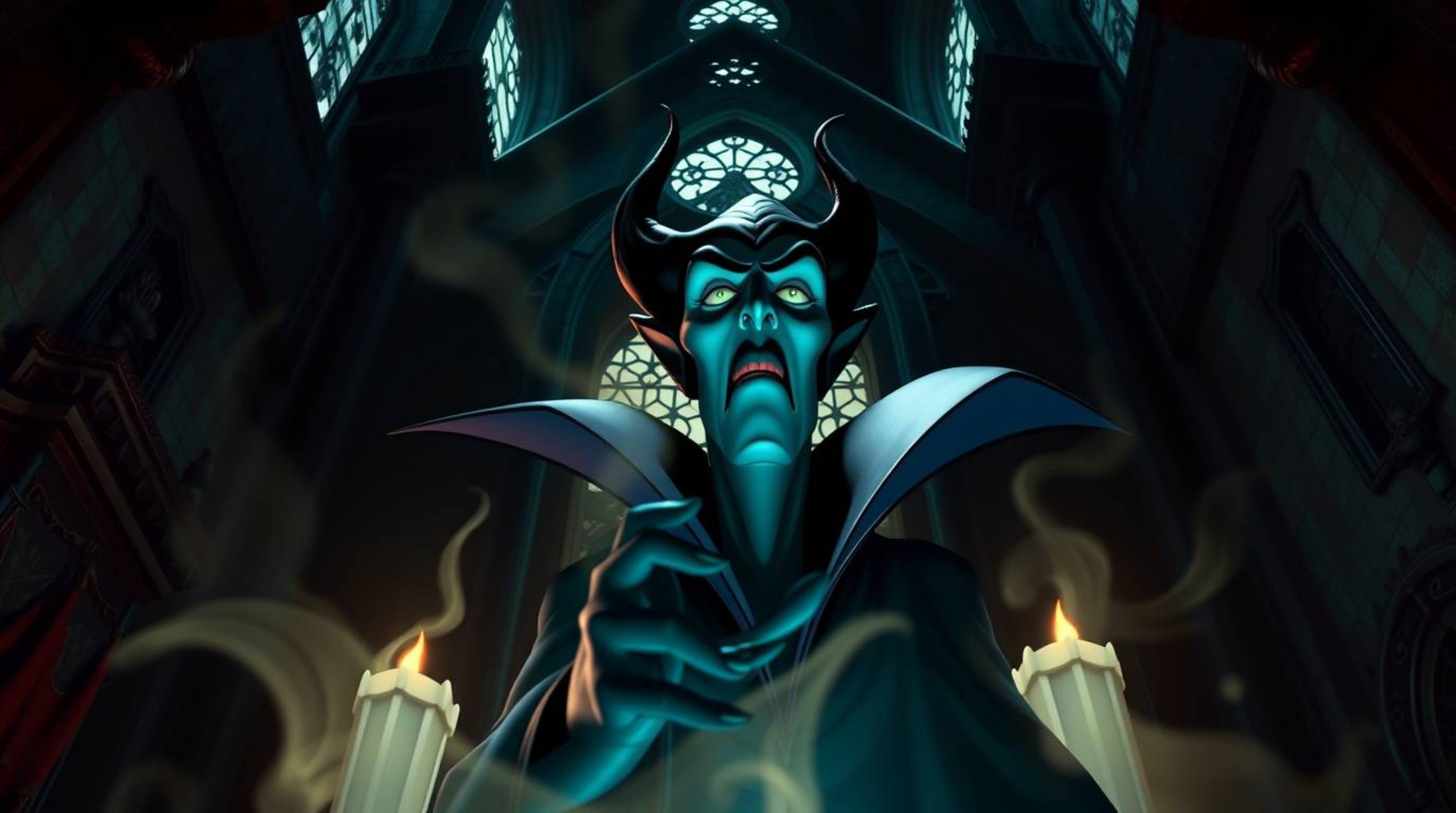A captivating image of a classic Disney villain, with dramatic features and dark skin, casting a spell within a grand, old ca