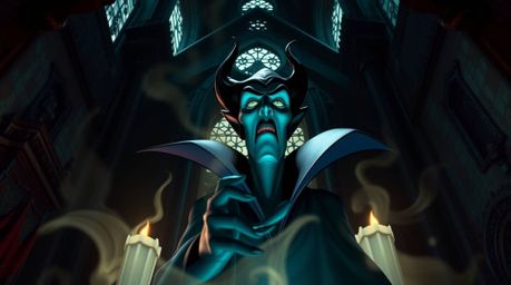 A captivating image of a classic Disney villain, with dramatic features and dark skin, casting a spell within a grand, old ca