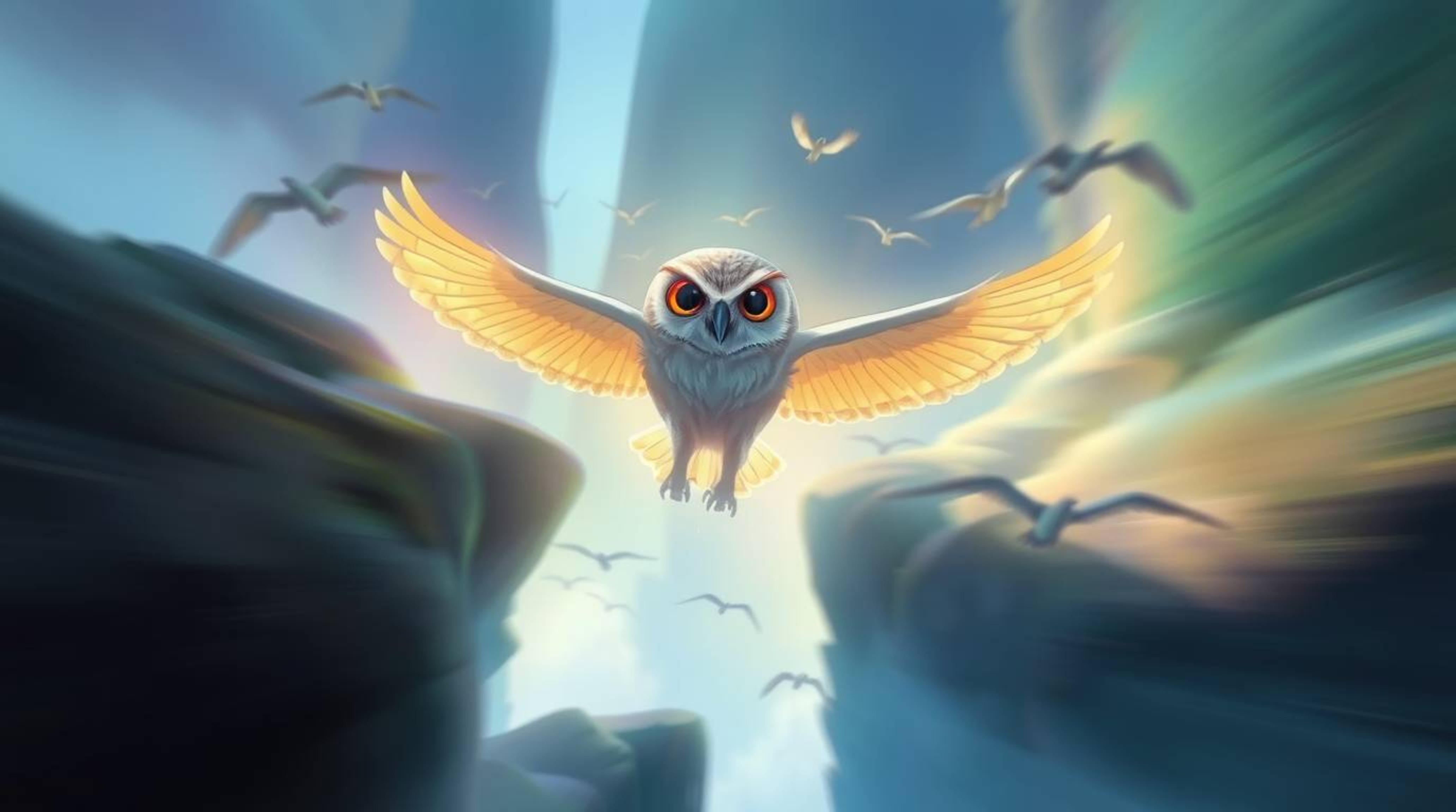 A stunning digital painting in the iconic Pixar style captures a blind owl with luminous feathers as it leads a flock of bird