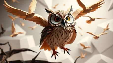 A captivating scene unfolds, showcasing intricate origami-style artwork where a blind owl, rendered in Pixar's signature aest