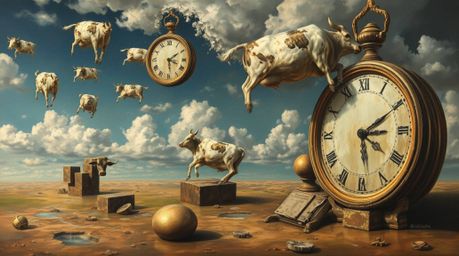 Explore a captivating surreal dreamscape in the classic oil painting style. Featuring melting clocks and floating cows, this 