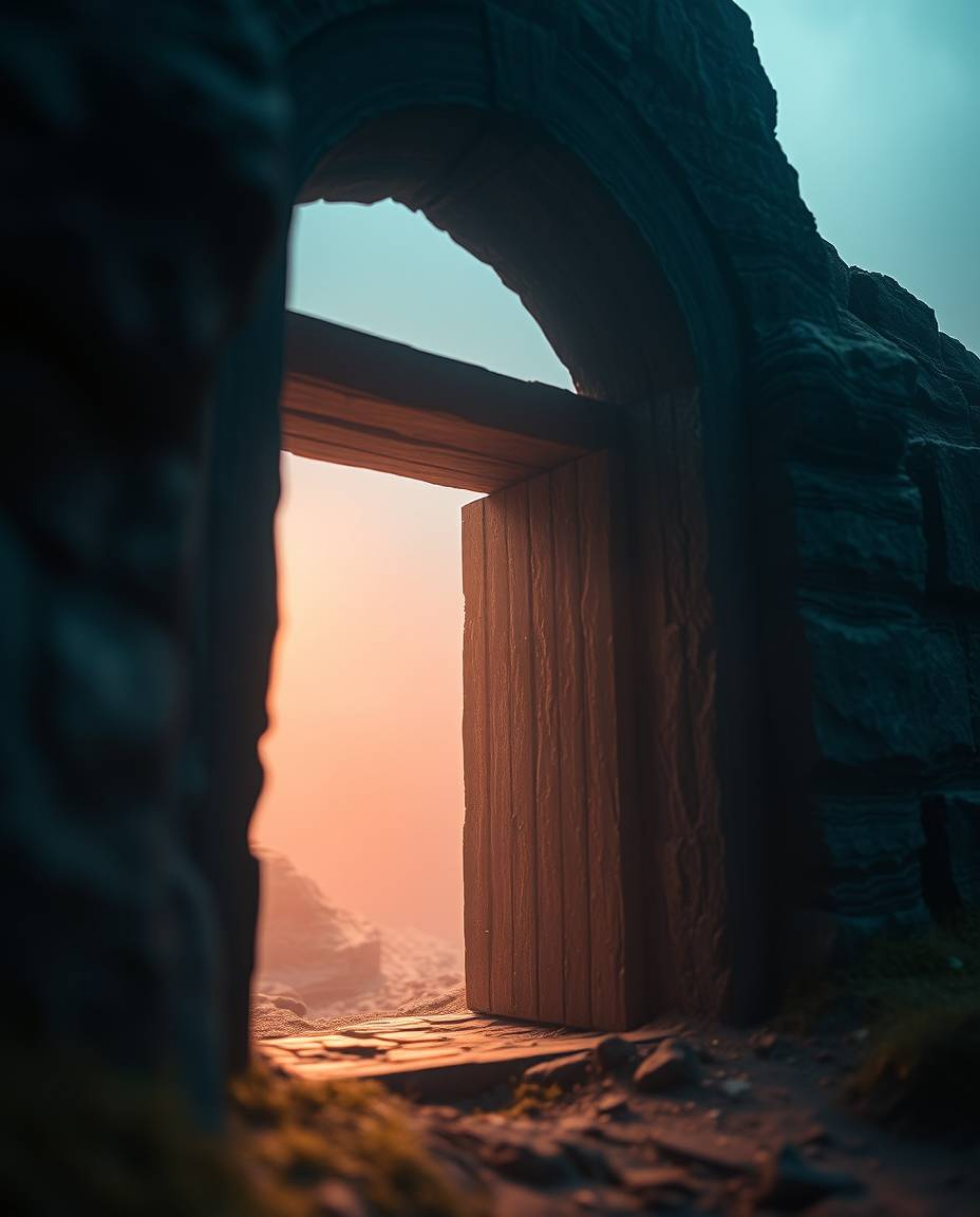 A soft, cinematic haze envelops an extreme macro close-up of an ancient doorway, glowing with runes, nestled in the side of a