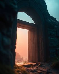 A soft, cinematic haze envelops an extreme macro close-up of an ancient doorway, glowing with runes, nestled in the side of a