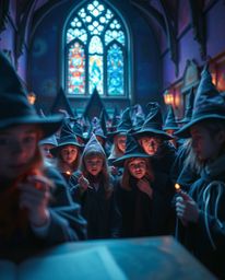 Immerse yourself in a tight close-up shot of a magical school teeming with young wizards, captured in stunning detail and bat