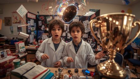A highly detailed, cinematic photograph, in a vibrant, Pixar-inspired style, captures a dynamic duo of 12-year-old scientists