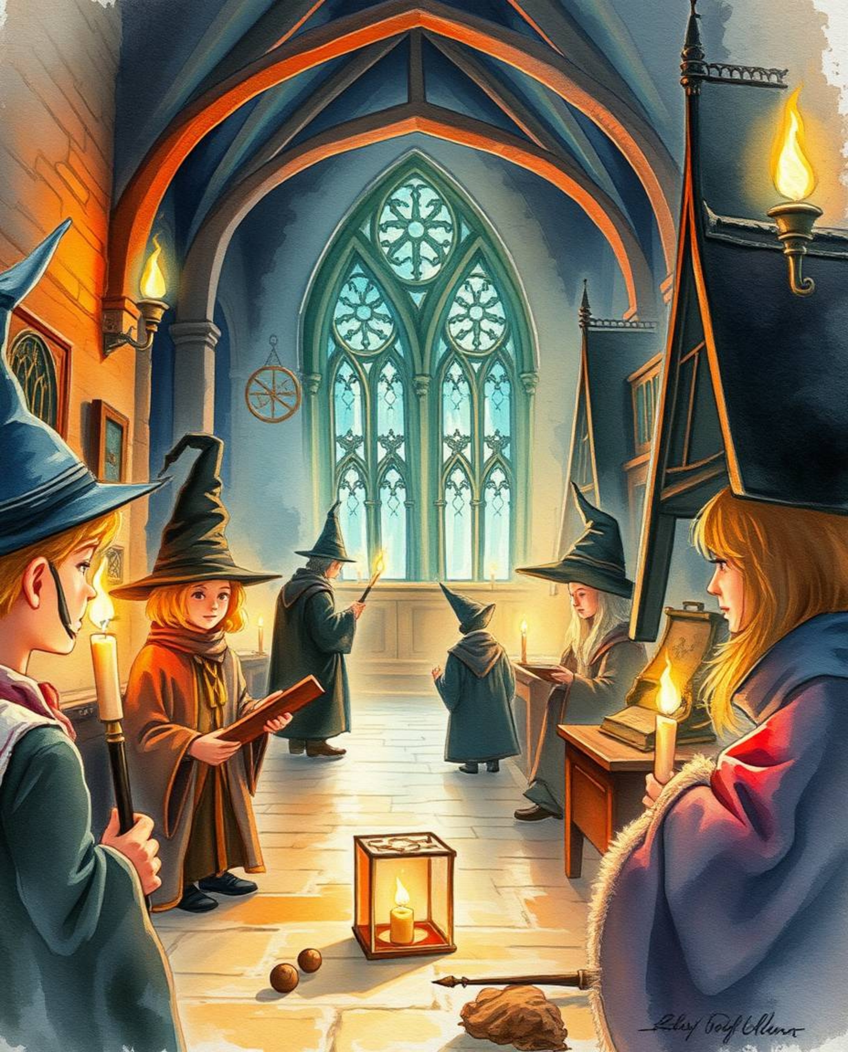 Immerse yourself in a delicate watercolor painting depicting a magical school, brimming with young wizards and the warm, invi