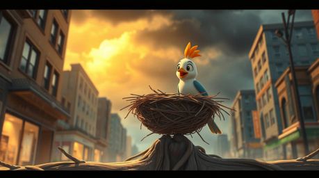 A captivating image showcasing two cartoon birds meticulously constructing their nest amidst a vibrant urban backdrop. Rende