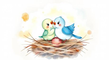 A delicate watercolor painting showcases two charming cartoon birds diligently constructing their nest.  Rendered in a classi