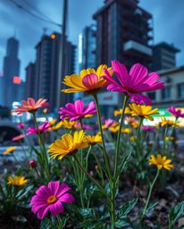 Imagine a world reborn in vibrant hues: flowers explode with electric, vivid colors amidst the stark remains of a post-apocal