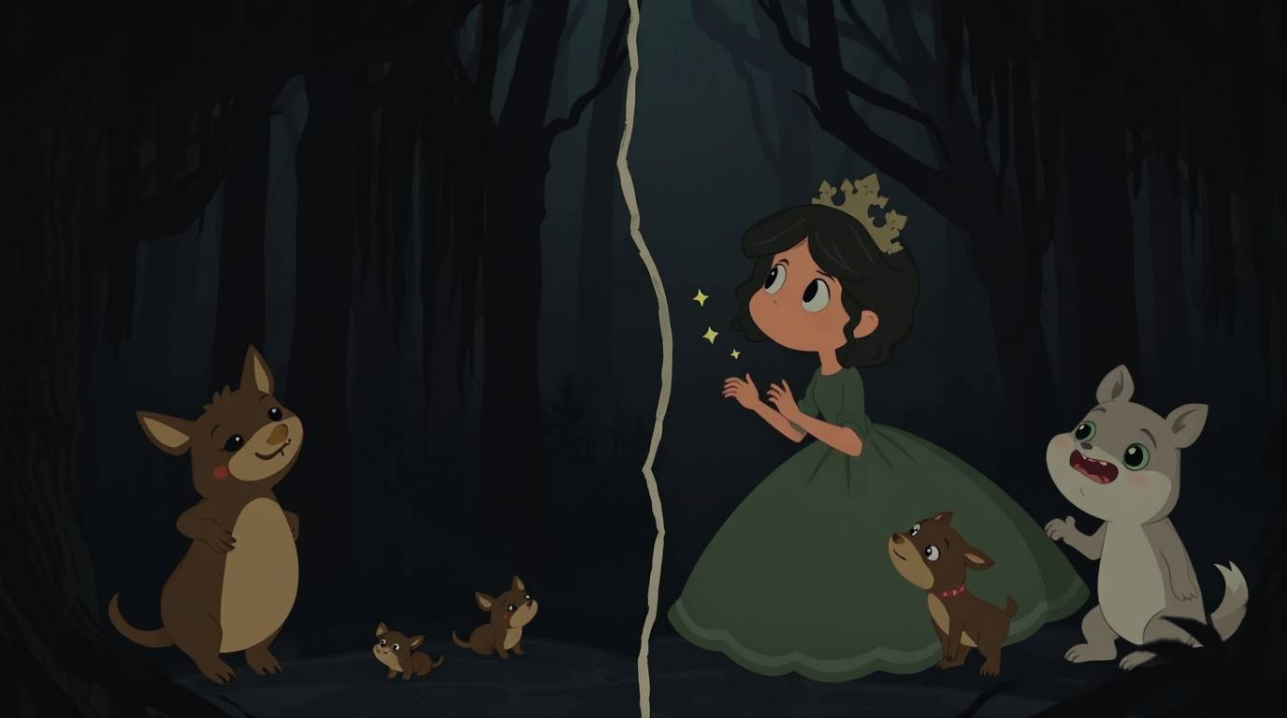 A captivating vintage 2D animation showcasing a princess singing with forest animals.  The animation features a distinct spli