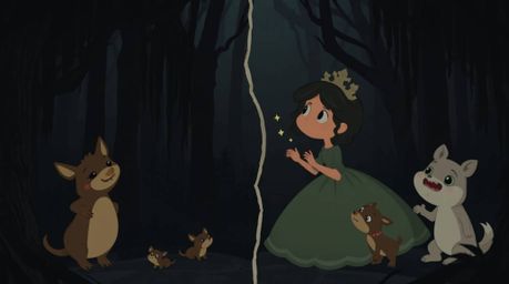 A captivating vintage 2D animation showcasing a princess singing with forest animals.  The animation features a distinct spli