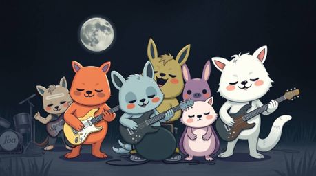A unique blend of unsettling details and a gentle, soothing atmosphere characterizes this band of cartoon animals playing roc