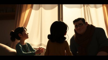Experience a poignant family reunion brought to life in a captivating Pixar-style film still. The scene is bathed in intense,