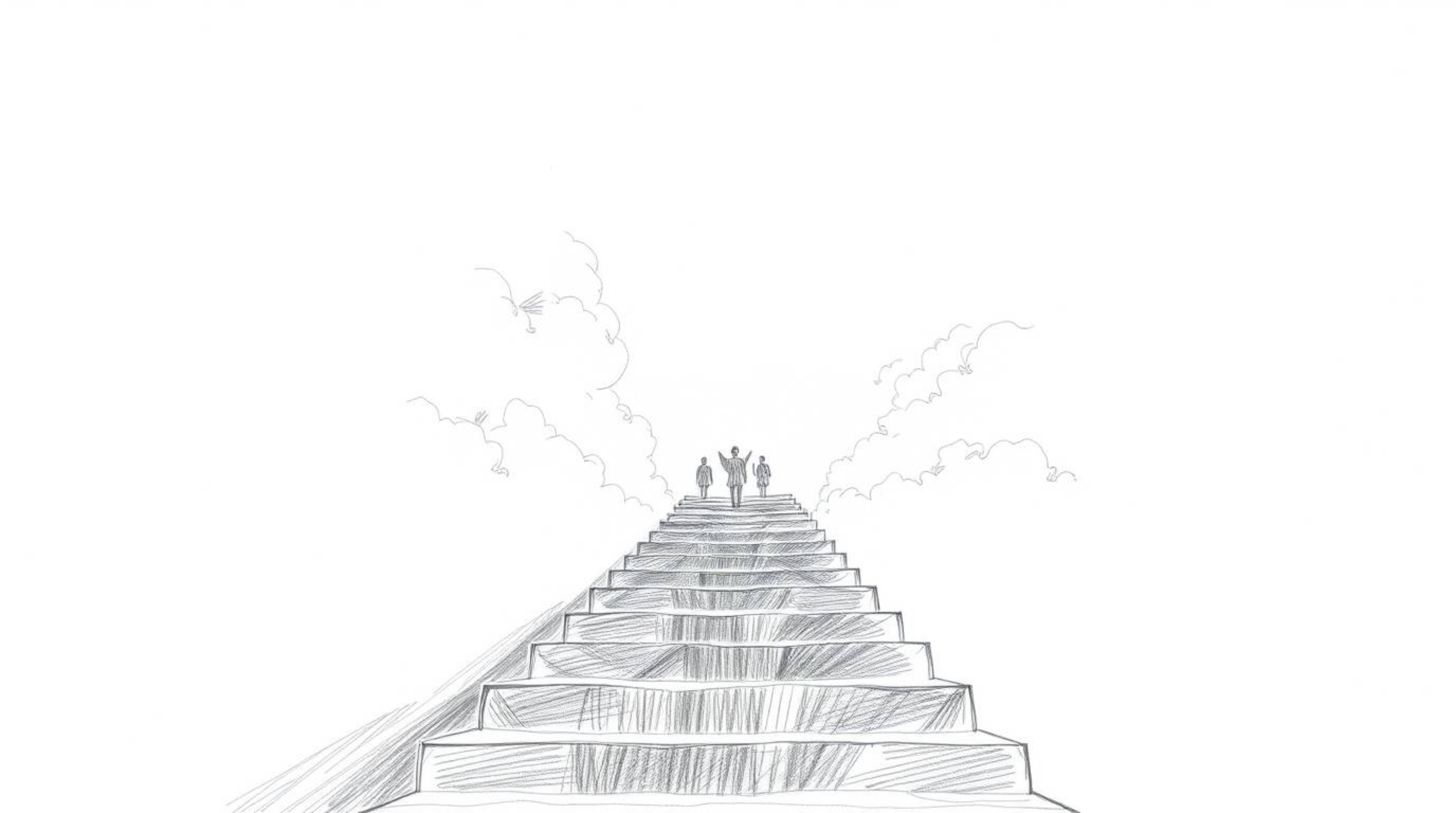 Experience an epic hand-drawn sketch depicting steps of light ascending into a cloudy sky, with angelic figures watching from
