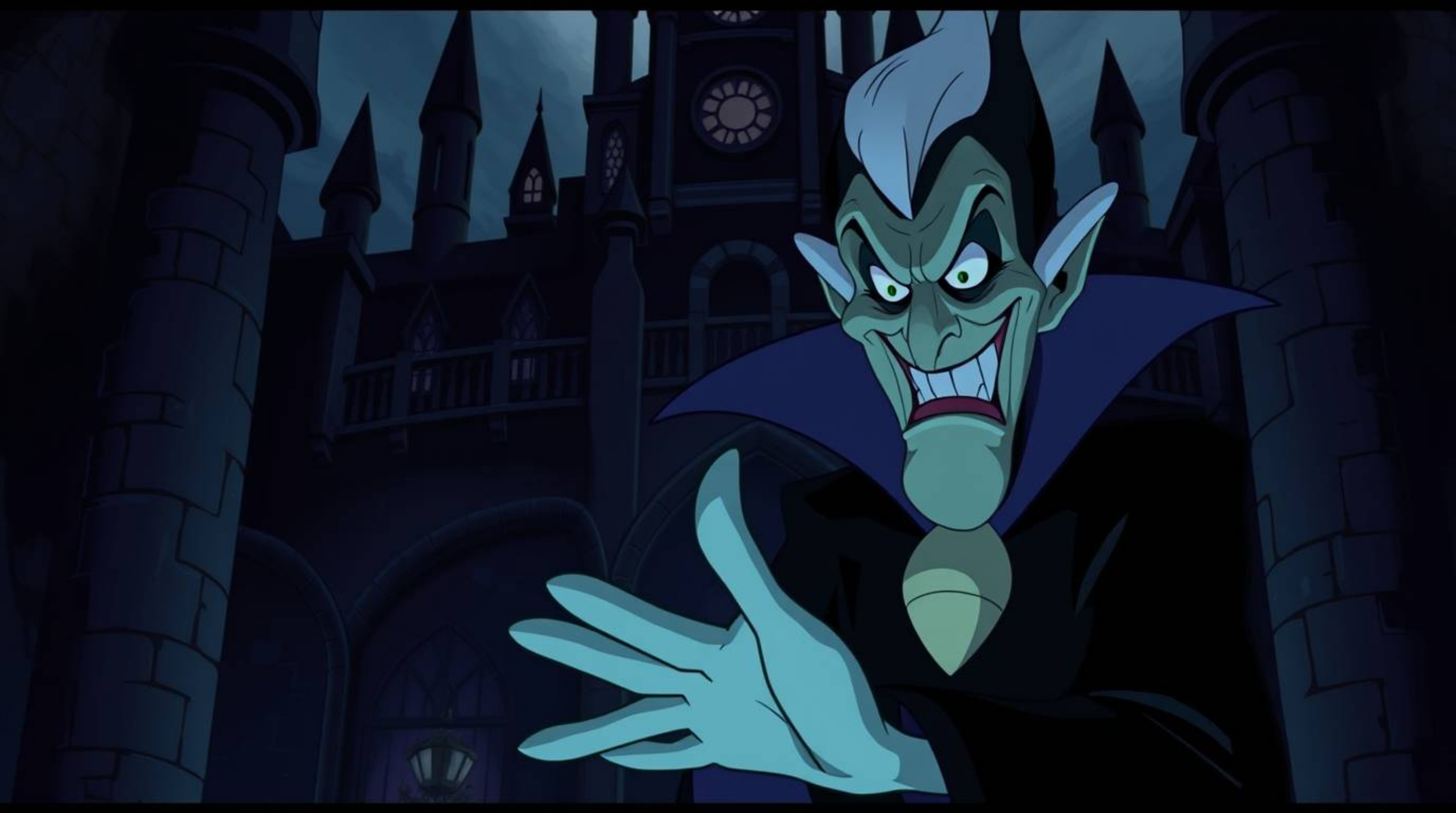 A classic Disney villain, with a sinister grin and dark eyes, casts a spell within a gothic castle. The scene is divided int