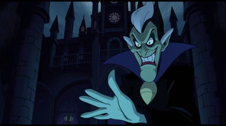 A classic Disney villain, with a sinister grin and dark eyes, casts a spell within a gothic castle.  The scene is divided int