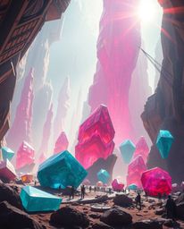 Immerse yourself in a grand, epic sci-fi scene featuring surreal, melted glass-like 3D shapes rendered in stunning hyperreali