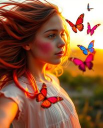 A captivating image of a girl with rosy cheeks and flowing auburn hair releasing a flurry of vibrant butterflies into a warm,