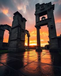 A precise architectural color photograph of ancient stone ruins at sunset. The image emphasizes sharp lines, detailed structu